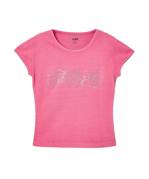 X-girl(エックスガール)の「RHINESTONE DECORATIVE SCRIPT LOGO S/S BABY TEE(Tシャツ/カットソー・レディース・ブラック/ライトピンク/オリーブ・ONE SIZE)」の9枚目の写真