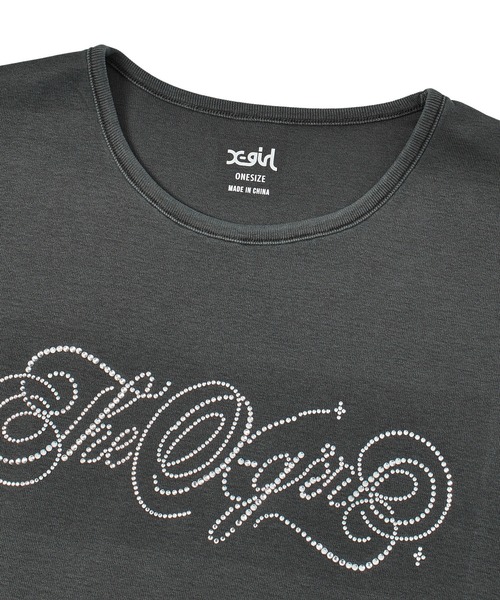 X-girl(エックスガール)の「RHINESTONE DECORATIVE SCRIPT LOGO S/S BABY TEE(Tシャツ/カットソー・レディース・ブラック/ライトピンク/オリーブ・ONE SIZE)」の11枚目の写真