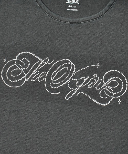 X-girl(エックスガール)の「RHINESTONE DECORATIVE SCRIPT LOGO S/S BABY TEE(Tシャツ/カットソー・レディース・ブラック/ライトピンク/オリーブ・ONE SIZE)」の12枚目の写真