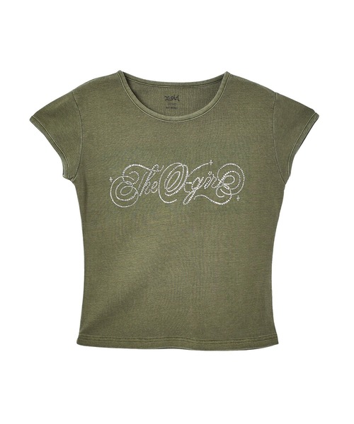 X-girl(エックスガール)の「RHINESTONE DECORATIVE SCRIPT LOGO S/S BABY TEE(Tシャツ/カットソー・レディース・ブラック/ライトピンク/オリーブ・ONE SIZE)」の15枚目の写真