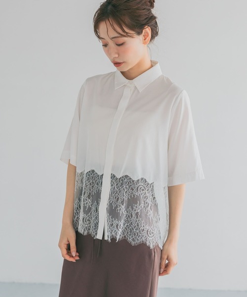 mysty woman(ミスティウーマン)の「裾レースキリカエシャツ半袖 724556(シャツ/ブラウス・レディース・ブラック/オフホワイト・FREE)」の4枚目の写真
