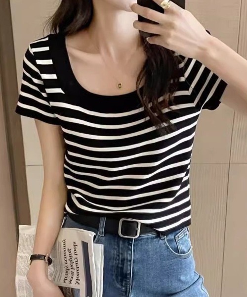 mielu（ミエル）の「ボーダー柄Uネック半袖ニット（ニット/セーター・レディース・ブラック/アイボリー・LARGE/MEDIUM）」の10枚目の写真