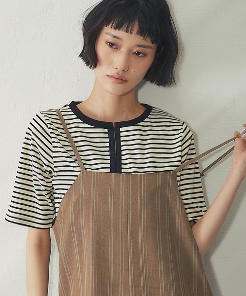 ANOTHER S（アナザーエス）の「ボーダー&配色テレコリブTシャツ（Tシャツ/カットソー・レディース・オフホワイト/アイボリー系/チャコールグレー/モカ/ブラック系・M）」の5枚目の写真
