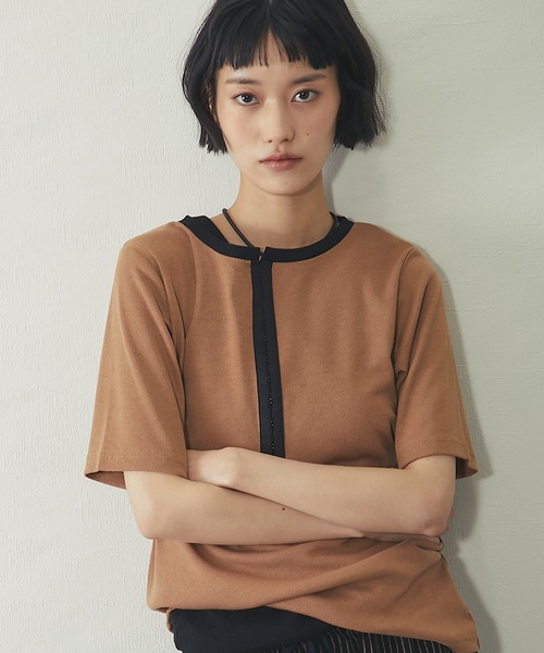 ANOTHER S（アナザーエス）の「ボーダー&配色テレコリブTシャツ（Tシャツ/カットソー・レディース・オフホワイト/アイボリー系/チャコールグレー/モカ/ブラック系・M）」の4枚目の写真