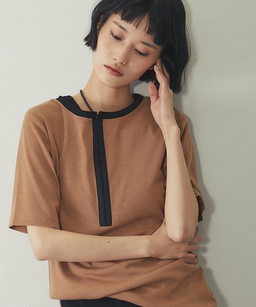 ANOTHER S（アナザーエス）の「ボーダー&配色テレコリブTシャツ（Tシャツ/カットソー・レディース・オフホワイト/アイボリー系/チャコールグレー/モカ/ブラック系・M）」の8枚目の写真