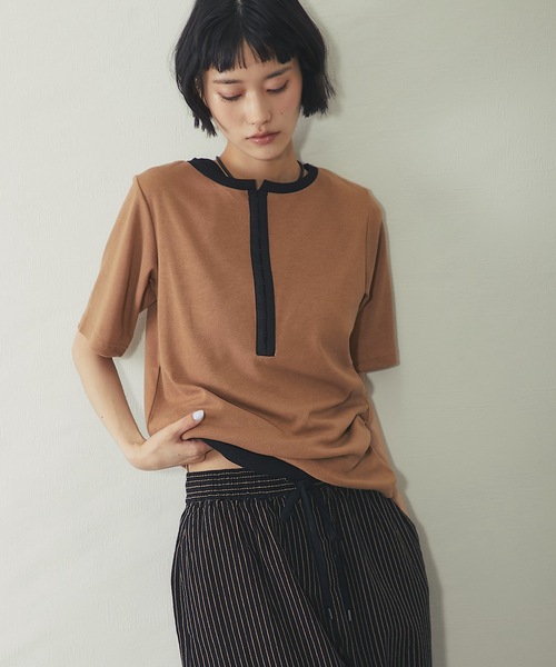 ANOTHER S（アナザーエス）の「ボーダー&配色テレコリブTシャツ（Tシャツ/カットソー・レディース・オフホワイト/アイボリー系/チャコールグレー/モカ/ブラック系・M）」の6枚目の写真