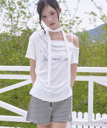 アンバランスシャーリングタイ半袖Tシャツ[ホワイト]