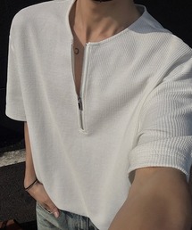 【NOWLE】ハーフジップ ワッフル クルーネック 半袖 Tシャツ
