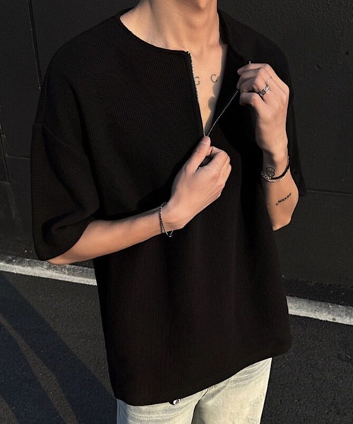 NOWLE(ノウル)の「【NOWLE】ハーフジップ ワッフル クルーネック 半袖 Tシャツ(Tシャツ/カットソー・メンズ・ブラック/ホワイト/グレー・FREE)」の6枚目の写真