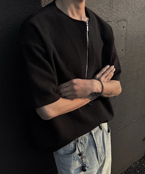 NOWLE(ノウル)の「【NOWLE】ハーフジップ ワッフル クルーネック 半袖 Tシャツ(Tシャツ/カットソー・メンズ・ブラック/ホワイト/グレー・FREE)」の7枚目の写真