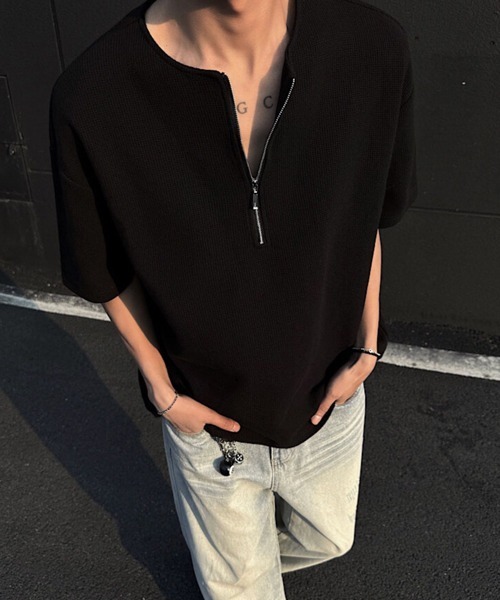 NOWLE(ノウル)の「【NOWLE】ハーフジップ ワッフル クルーネック 半袖 Tシャツ(Tシャツ/カットソー・メンズ・ブラック/ホワイト/グレー・FREE)」の9枚目の写真