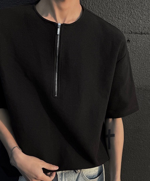 NOWLE(ノウル)の「【NOWLE】ハーフジップ ワッフル クルーネック 半袖 Tシャツ(Tシャツ/カットソー・メンズ・ブラック/ホワイト/グレー・FREE)」の10枚目の写真