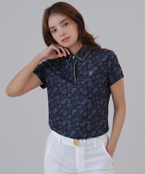 St ANDREWS(セントアンドリュース)の「【St ANDREWS】【吸水速乾】ケルトリーフプリント半袖シャツ (WOMENS)(ポロシャツ・レディース・ブラック/ホワイト・S/L/M)」の1枚目の写真