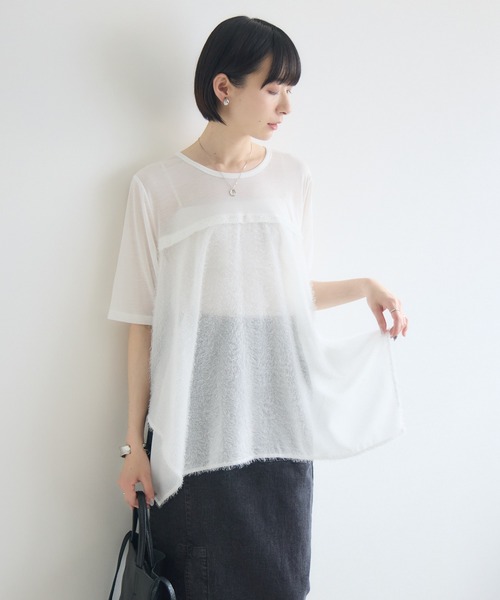 Paradise Picnic(パラダイスピクニック)の「CYAN スクエアヘムフェザーコンビトップス(Tシャツ/カットソー・レディース・ホワイト/ブラック/オレンジ・FREE)」の2枚目の写真