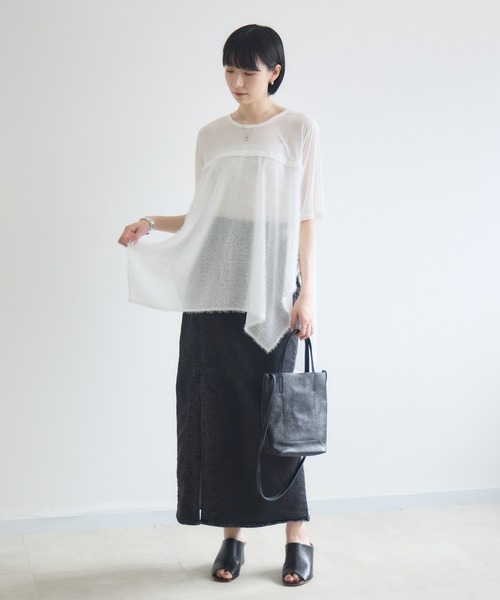Paradise Picnic(パラダイスピクニック)の「CYAN スクエアヘムフェザーコンビトップス(Tシャツ/カットソー・レディース・ホワイト/ブラック/オレンジ・FREE)」の9枚目の写真