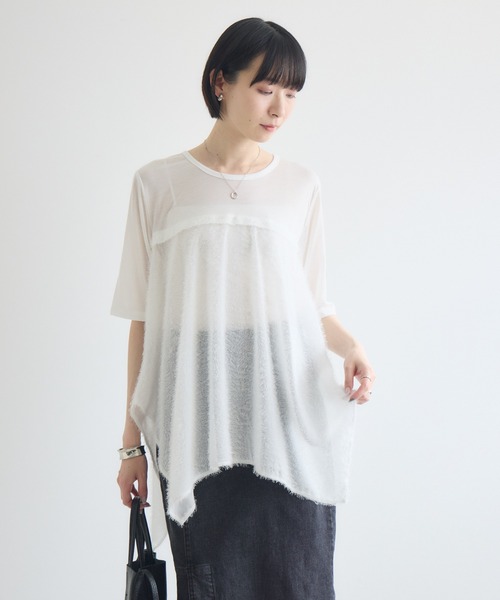Paradise Picnic(パラダイスピクニック)の「CYAN スクエアヘムフェザーコンビトップス(Tシャツ/カットソー・レディース・ホワイト/ブラック/オレンジ・FREE)」の5枚目の写真
