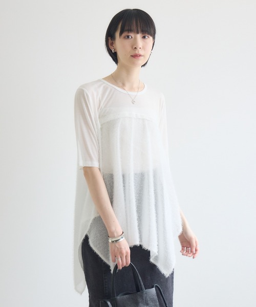 Paradise Picnic(パラダイスピクニック)の「CYAN スクエアヘムフェザーコンビトップス(Tシャツ/カットソー・レディース・ホワイト/ブラック/オレンジ・FREE)」の6枚目の写真