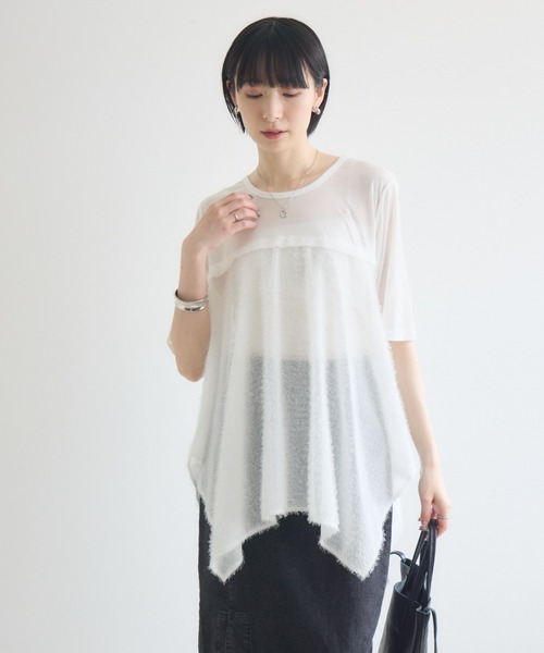 Paradise Picnic(パラダイスピクニック)の「CYAN スクエアヘムフェザーコンビトップス(Tシャツ/カットソー・レディース・ホワイト/ブラック/オレンジ・FREE)」の7枚目の写真