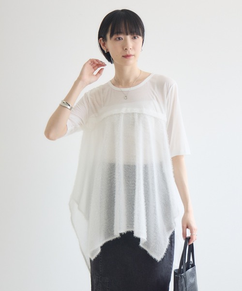 Paradise Picnic(パラダイスピクニック)の「CYAN スクエアヘムフェザーコンビトップス(Tシャツ/カットソー・レディース・ホワイト/ブラック/オレンジ・FREE)」の8枚目の写真