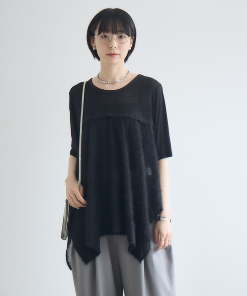 Paradise Picnic(パラダイスピクニック)の「CYAN スクエアヘムフェザーコンビトップス(Tシャツ/カットソー・レディース・ホワイト/ブラック/オレンジ・FREE)」の11枚目の写真