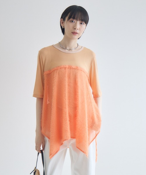 Paradise Picnic(パラダイスピクニック)の「CYAN スクエアヘムフェザーコンビトップス(Tシャツ/カットソー・レディース・ホワイト/ブラック/オレンジ・FREE)」の22枚目の写真