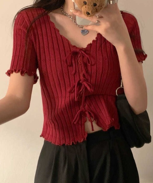 boemy(ボエミー)の「フロントリボンメロー リブトップス(Tシャツ/カットソー・レディース・ピンク/レッド/イエロー/ホワイト/ブラック・FREE)」の5枚目の写真