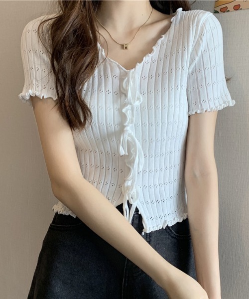 boemy(ボエミー)の「フロントリボンメロー リブトップス(Tシャツ/カットソー・レディース・ピンク/レッド/イエロー/ホワイト/ブラック・FREE)」の2枚目の写真