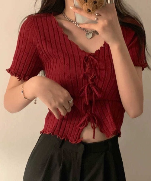 boemy(ボエミー)の「フロントリボンメロー リブトップス(Tシャツ/カットソー・レディース・ピンク/レッド/イエロー/ホワイト/ブラック・FREE)」の6枚目の写真