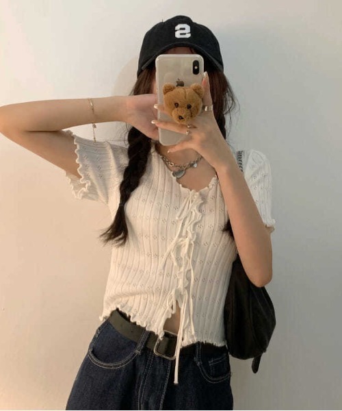 boemy(ボエミー)の「フロントリボンメロー リブトップス(Tシャツ/カットソー・レディース・ピンク/レッド/イエロー/ホワイト/ブラック・FREE)」の9枚目の写真