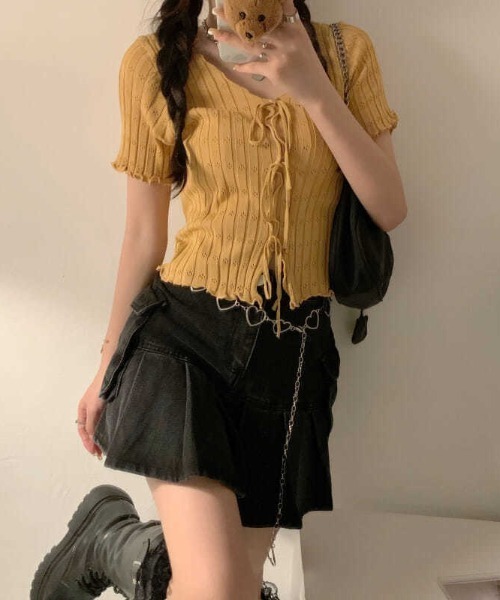 boemy(ボエミー)の「フロントリボンメロー リブトップス(Tシャツ/カットソー・レディース・ピンク/レッド/イエロー/ホワイト/ブラック・FREE)」の10枚目の写真