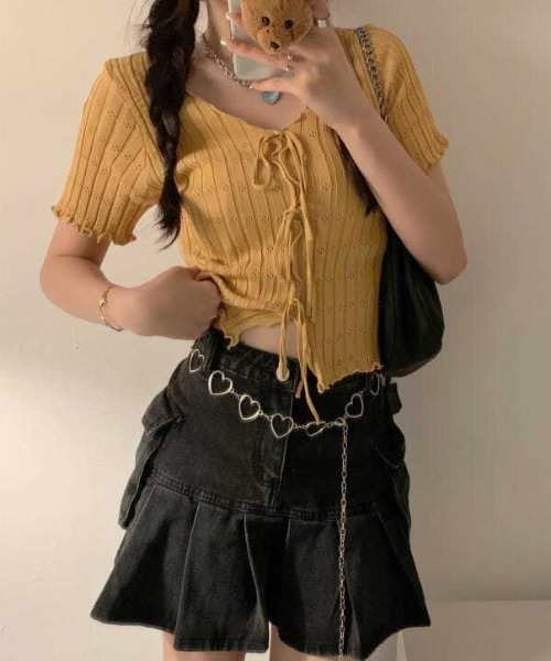 boemy(ボエミー)の「フロントリボンメロー リブトップス(Tシャツ/カットソー・レディース・ピンク/レッド/イエロー/ホワイト/ブラック・FREE)」の11枚目の写真