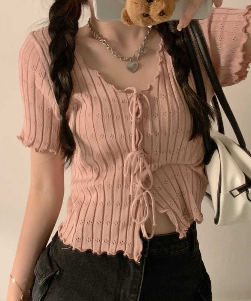 boemy(ボエミー)の「フロントリボンメロー リブトップス(Tシャツ/カットソー・レディース・ピンク/レッド/イエロー/ホワイト/ブラック・FREE)」の12枚目の写真