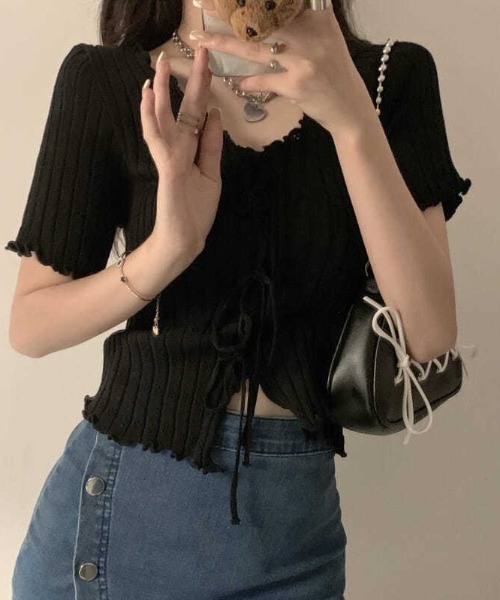 boemy(ボエミー)の「フロントリボンメロー リブトップス(Tシャツ/カットソー・レディース・ピンク/レッド/イエロー/ホワイト/ブラック・FREE)」の13枚目の写真