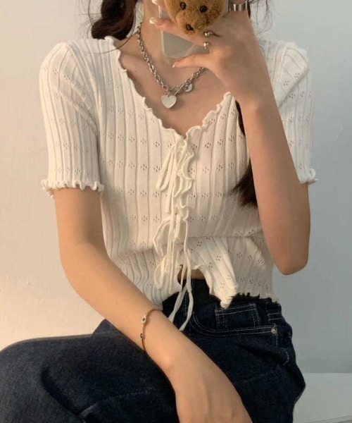 boemy(ボエミー)の「フロントリボンメロー リブトップス(Tシャツ/カットソー・レディース・ピンク/レッド/イエロー/ホワイト/ブラック・FREE)」の14枚目の写真