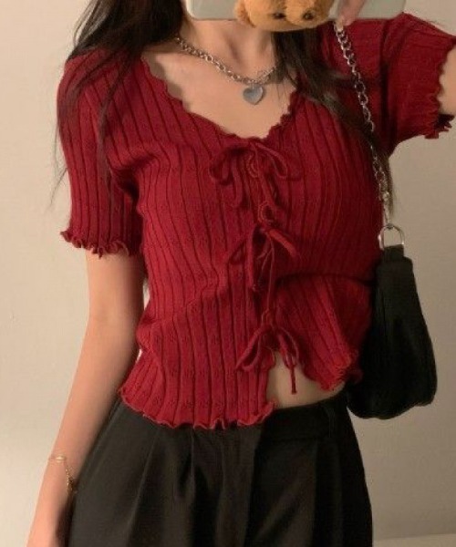 boemy(ボエミー)の「フロントリボンメロー リブトップス(Tシャツ/カットソー・レディース・ピンク/レッド/イエロー/ホワイト/ブラック・FREE)」の15枚目の写真