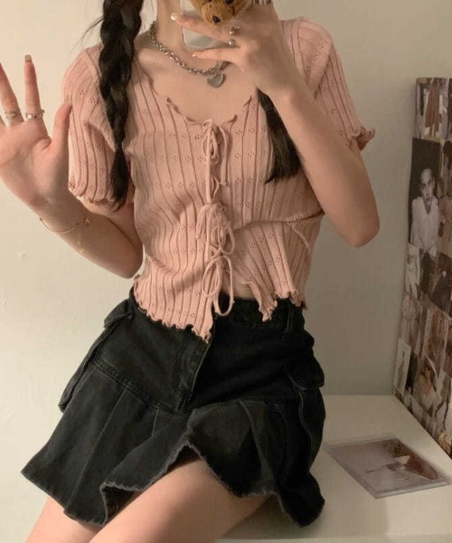 boemy(ボエミー)の「フロントリボンメロー リブトップス(Tシャツ/カットソー・レディース・ピンク/レッド/イエロー/ホワイト/ブラック・FREE)」の17枚目の写真