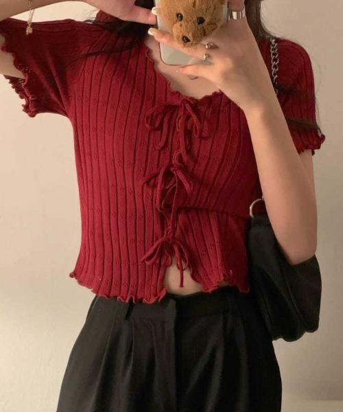 boemy(ボエミー)の「フロントリボンメロー リブトップス(Tシャツ/カットソー・レディース・ピンク/レッド/イエロー/ホワイト/ブラック・FREE)」の18枚目の写真