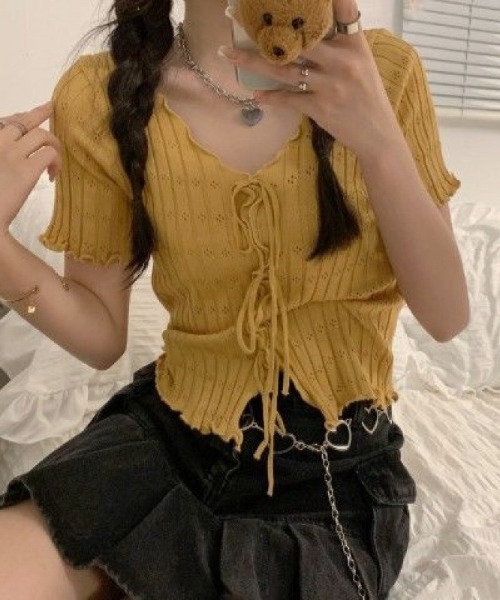 boemy(ボエミー)の「フロントリボンメロー リブトップス(Tシャツ/カットソー・レディース・ピンク/レッド/イエロー/ホワイト/ブラック・FREE)」の19枚目の写真