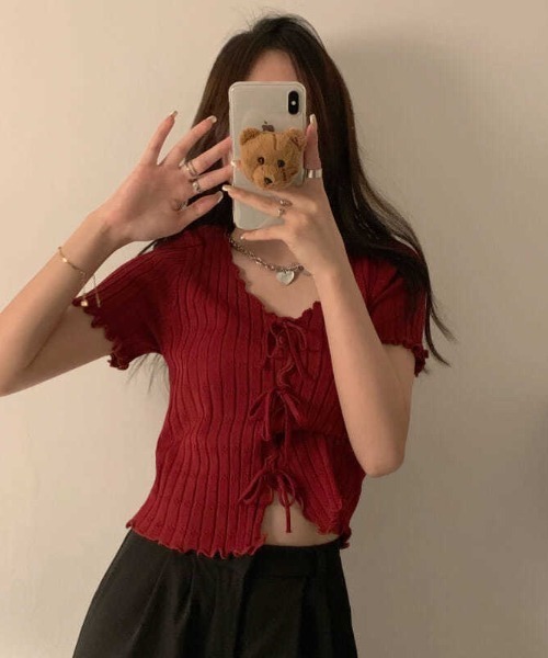 boemy(ボエミー)の「フロントリボンメロー リブトップス(Tシャツ/カットソー・レディース・ピンク/レッド/イエロー/ホワイト/ブラック・FREE)」の20枚目の写真