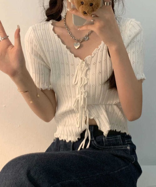 boemy(ボエミー)の「フロントリボンメロー リブトップス(Tシャツ/カットソー・レディース・ピンク/レッド/イエロー/ホワイト/ブラック・FREE)」の21枚目の写真