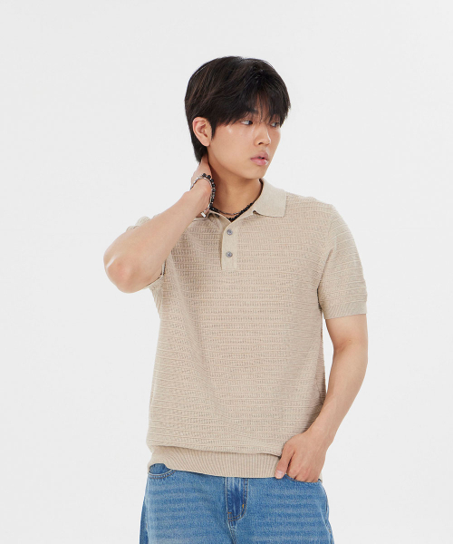 MAKEITTO(メイキット)の「ストライプテクスチャーカラーニット半袖Tシャツ_ベージュ(ポロシャツ・メンズ・ベージュ・MEDIUM/LARGE/X-LARGE/XX-LARGE)」の2枚目の写真