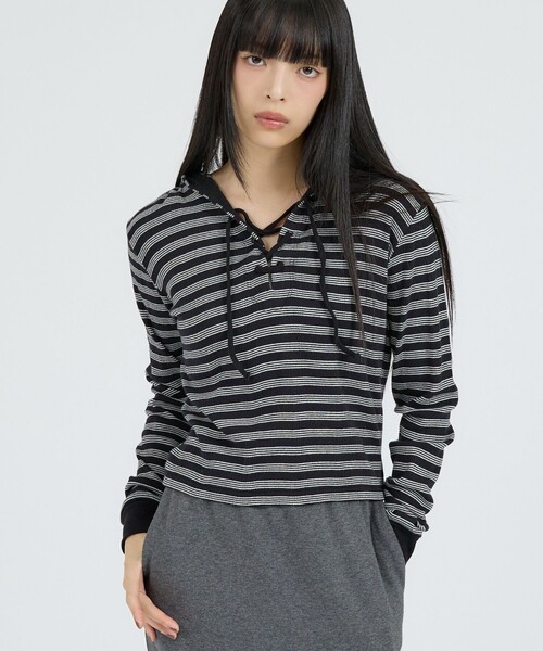 MILLER(ミラー)の「【Robert P Miller | ロバート・ピー・ミラー】ヘンリーネックパーカー/Prib Henley hoodie/ボーダー(Tシャツ/カットソー・レディース・ブルー/グリーン系その他/ブラック系その他/チャコールグレー・フリー)」の2枚目の写真
