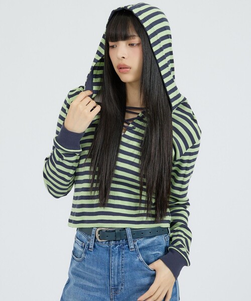 MILLER(ミラー)の「【Robert P Miller | ロバート・ピー・ミラー】ヘンリーネックパーカー/Prib Henley hoodie/ボーダー(Tシャツ/カットソー・レディース・ブルー/グリーン系その他/ブラック系その他/チャコールグレー・フリー)」の4枚目の写真