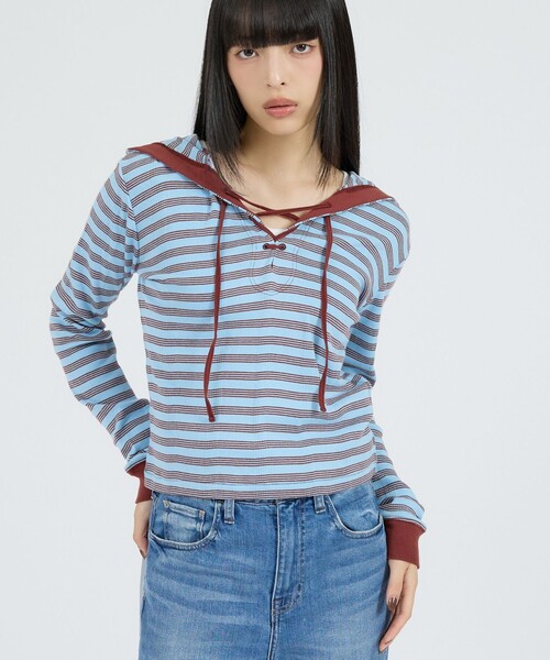 MILLER(ミラー)の「【Robert P Miller | ロバート・ピー・ミラー】ヘンリーネックパーカー/Prib Henley hoodie/ボーダー(Tシャツ/カットソー・レディース・ブルー/グリーン系その他/ブラック系その他/チャコールグレー・フリー)」の1枚目の写真
