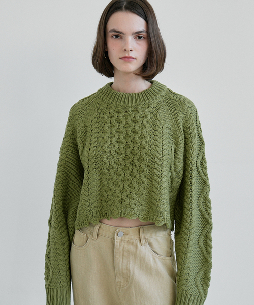 Damage Round Twisted Crop Knit (Khaki)