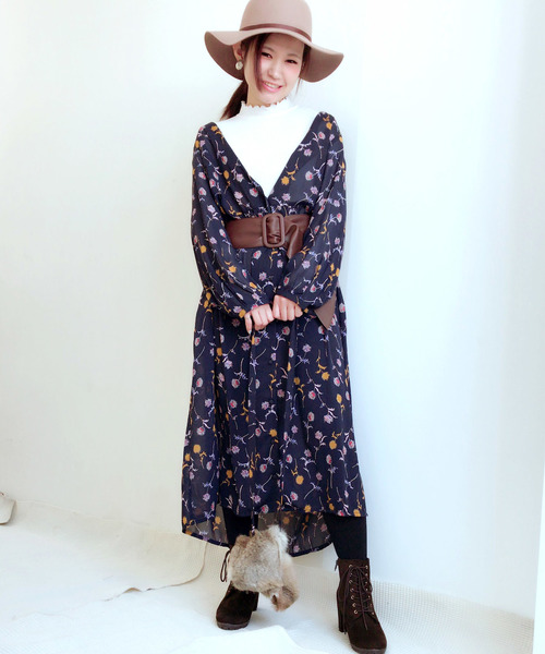 archives（アルシーヴ）の「フラワーシフォンキャミ付きMIXワンピース（ワンピース・レディース・ブラック/ネイビー・MEDIUM）」の2枚目の写真