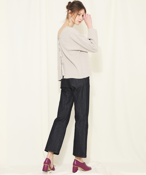 NINE（ナイン）の「【NINE】《STUDIOUS別注》バックレースアップニット（ニット/セーター・レディース・ブラック/ベージュ・FREE）」の5枚目の写真