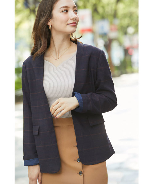 12Twelve Agenda（トゥエルブ　アジェンダ）の「TRチェックカラーレスジャケット（ノーカラージャケット・レディース・ベージュ/ブラウン・M）」の9枚目の写真