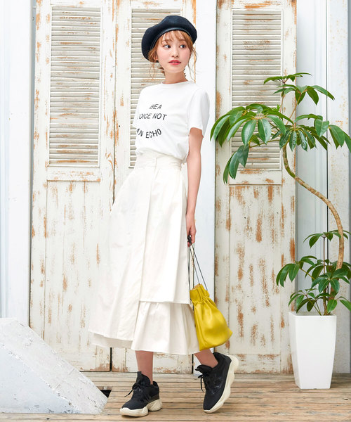 KOBE LETTUCE(コウベレタス)の「フェイクレイヤードミディ丈変形フレアスカート(スカート・レディース・ブラック/オフホワイト/ピンク・M)」の5枚目の写真