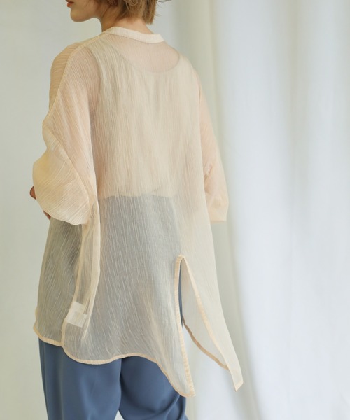 select MOCA(セレクトモカ)の「ワッシャールーズシアーシャツ/スタンドカラーバックスリットシェルボタンシアーブラウス/シアートップス(シャツ/ブラウス)」|ベージュ